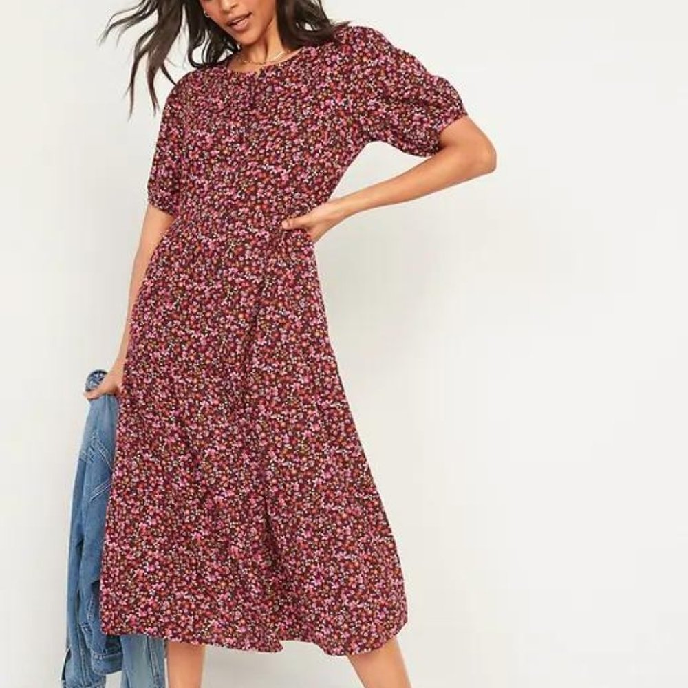 Old Navy Floral Puff-Sleeve Button-Front Midi Swing Dress for Women New
